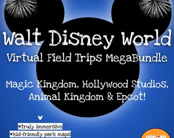 Puede incluir: Un gráfico digital que presenta una silueta negra de una cabeza de ratón sobre un fondo azul degradado con fuegos artificiales blancos. El texto dice: Walt Disney World Virtual Field Trips MegaBundle, Magic Kingdom, Hollywood Studios, Animal Kingdom & Epcot!