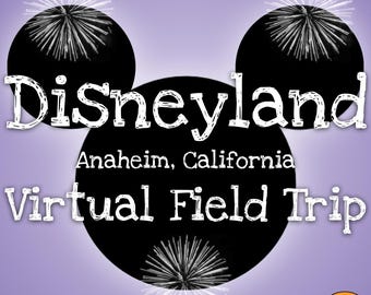 Puede incluir: Un diseño gráfico con tres círculos negros dispuestos en silueta de orejas de ratón sobre un fondo morado claro. Ilustraciones de fuegos artificiales blancos están centradas en cada círculo. El texto dice Disneyland Anaheim, California Virtual Field Trip.