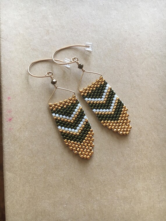 Items similar to 24 kt. Gold and Hunter green Peyote stitch earrings ...
