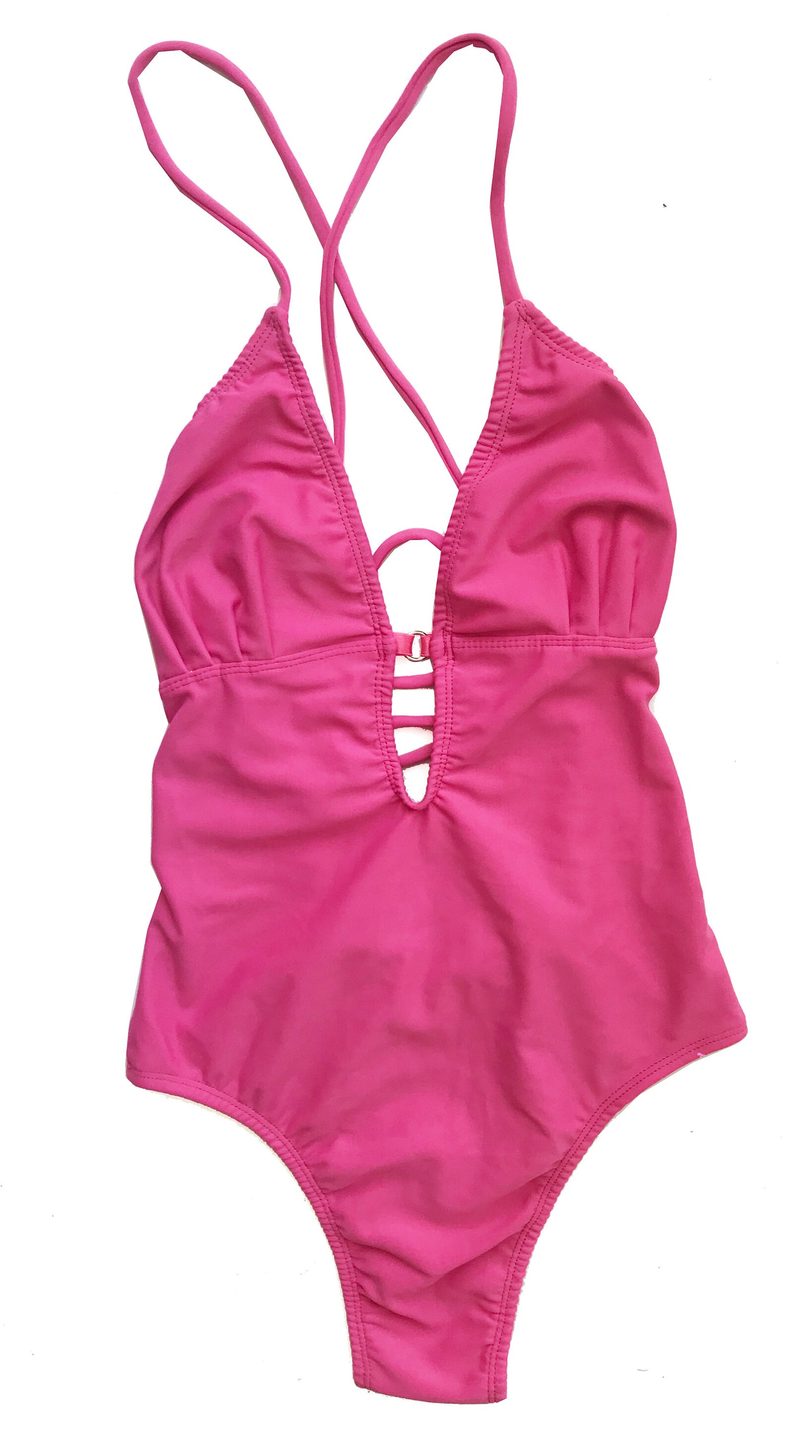 Bubble Gum Pink One Piece Thong Bathing Suit With Tie up Back Detail