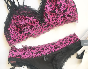 Beautiful Lace, Pink and Black combination, Semi Transparent Lingerie Set. Half Thong Panties. So soft to touch. Sensual.