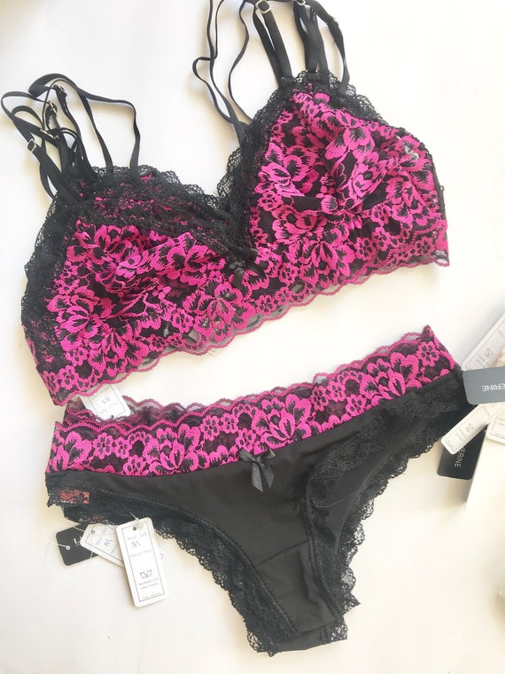 Beautiful Lace, Pink and Black Combination, Semi Transparent Lingerie Set.  Half Thong Panties. so Soft to Touch. Sensual. - Etsy