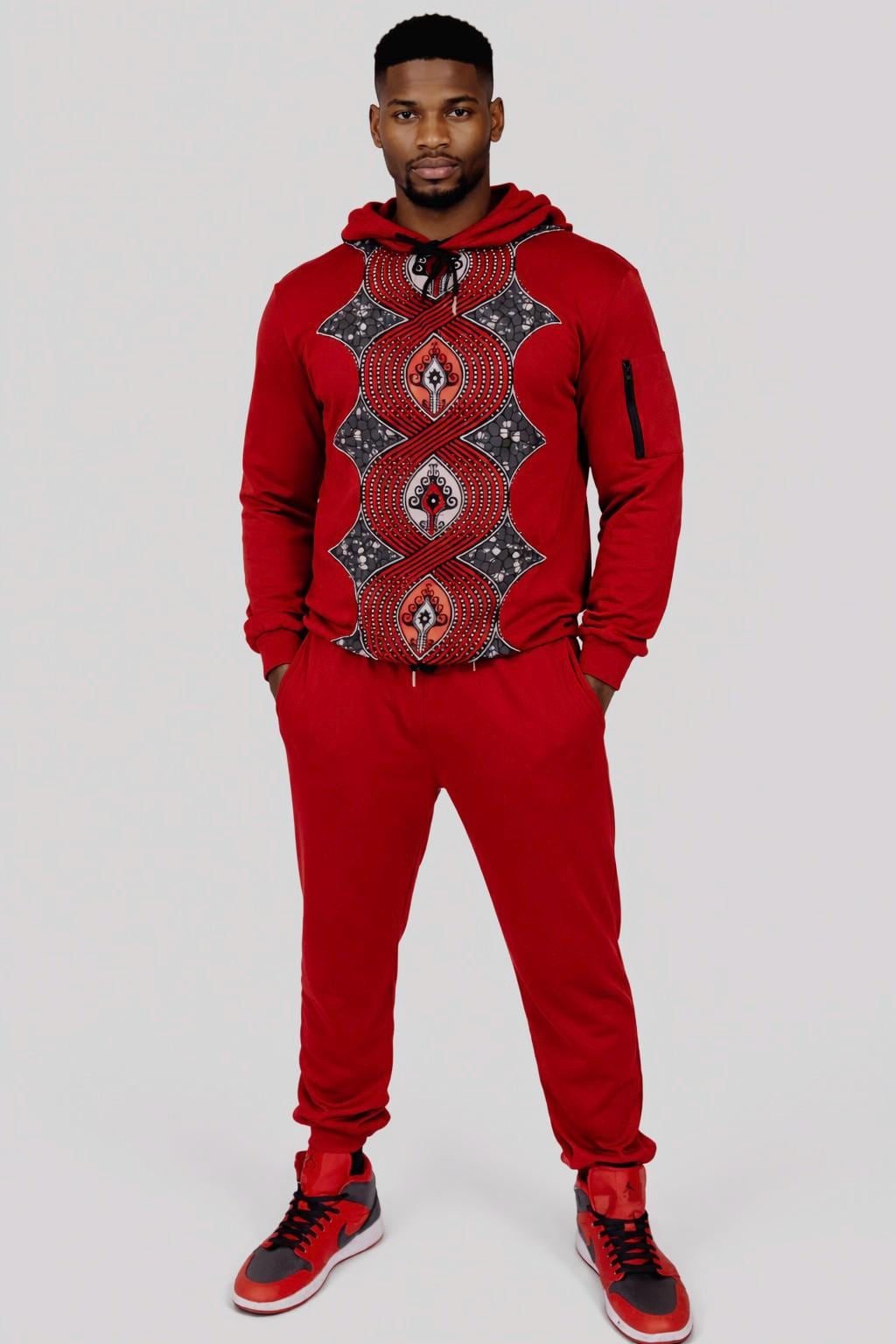 Mens African Print Tracksuit Jogger Set Burgundy Wine Hoodie Jogging Suit Sweat Suit