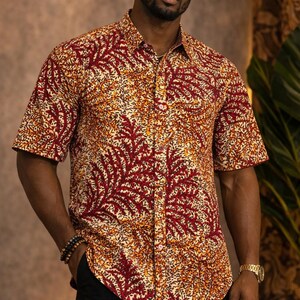 Men's African Print Shirt | Botanical Burgundy Tropical Floral Pattern Button Shirt | Streetwear | Limited