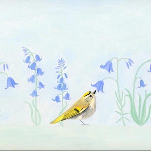 Golden Crested Kinglet and Bluebells Karte, Greeting Card, Vogel Karte, Blanko Karte, Birder, Birding, Vogelkunst