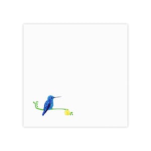 May include: A watercolor illustration of a blue hummingbird perched on a green branch with a yellow flower. The bird is facing left, with its beak pointed forward. The background is plain white.