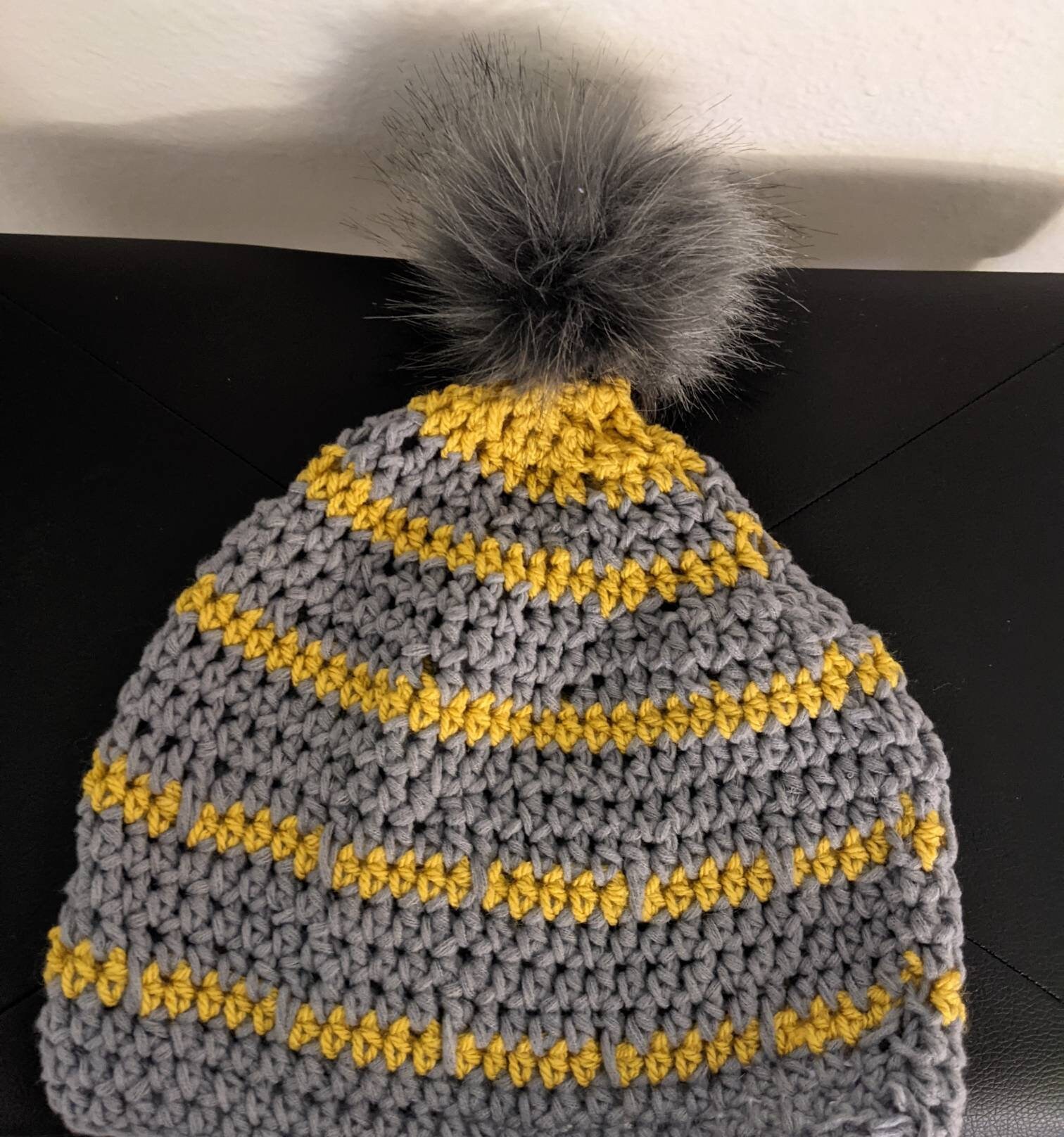 CROCHETED striped pom pom beanie hat red yellow green black unisex size OSFA Retro stripes + a fluffy pom pom = instant cozy vibes  main image 3