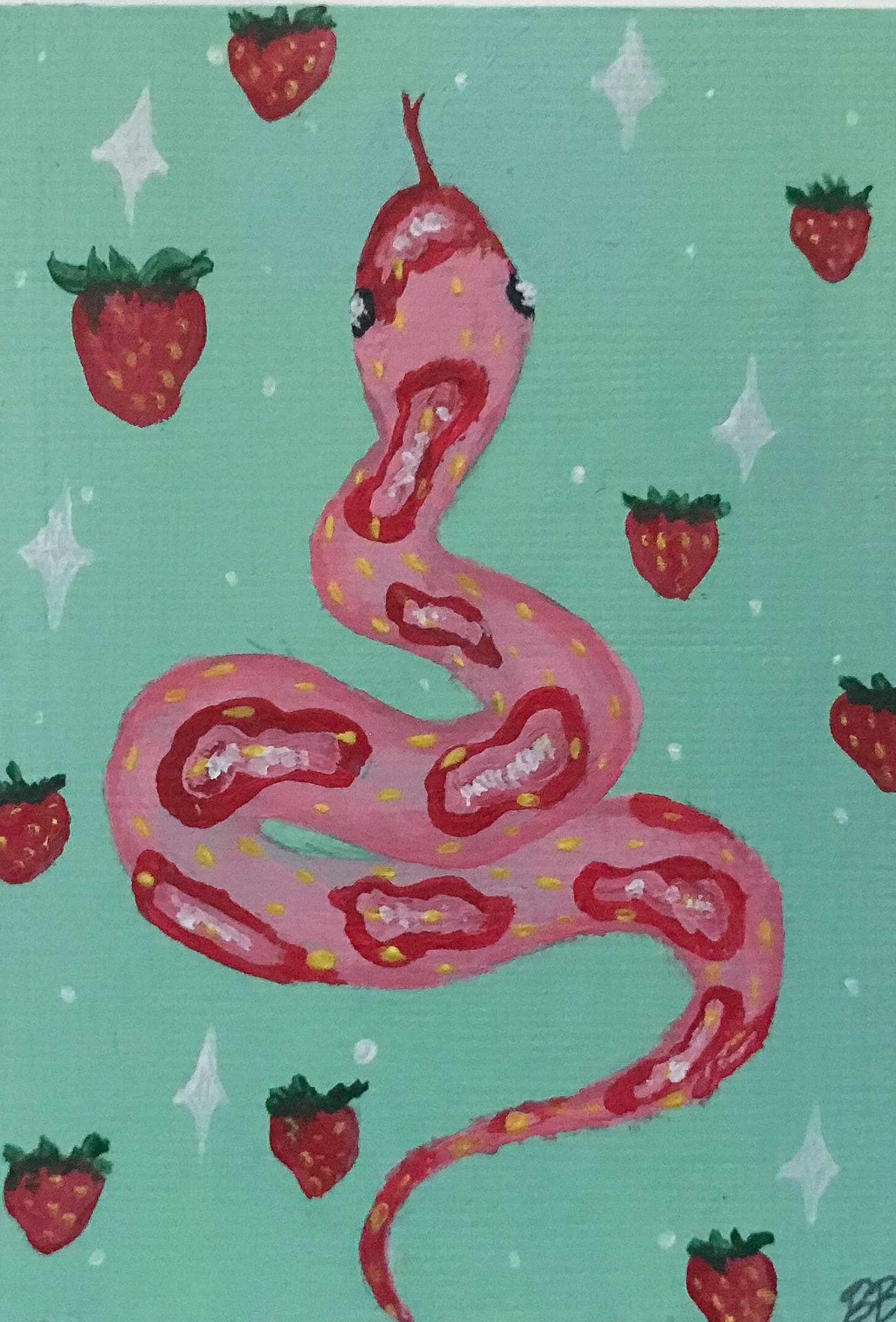 Strawberry Snake original acrylic ACEO artist trading card Etsy