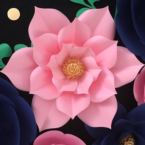 May include: A large pink paper flower with a gold center. The flower is surrounded by smaller paper flowers in blue, pink, and green.