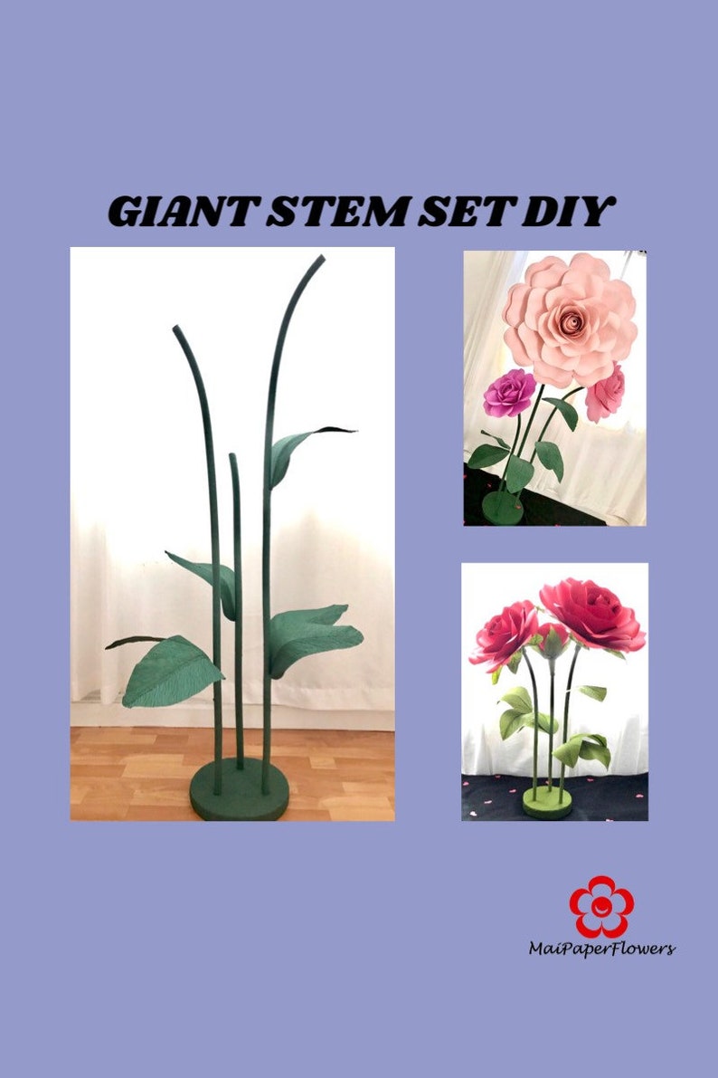 May include: DIY giant paper flower stem set with three green stems and leaves. The set includes two pink paper flowers and two red paper flowers.