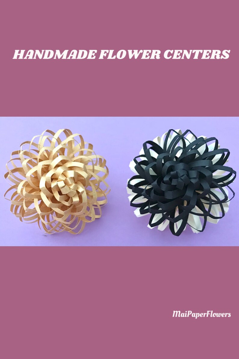 May include: Two handmade paper flower centers. One is gold, the other is black and white. The text "HANDMADE FLOWER CENTERS" is at the top. The bottom right corner has the text "MaiPaperFlowers".