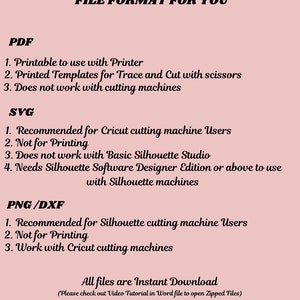 May include: A pink background with floral illustrations and text detailing file formats for digital crafting. Formats include PDF, SVG, and PNG/DXF, with notes on printer and cutting machine compatibility.