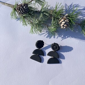 Flower geometric black dangle lightweight polymer clay handmade earrings