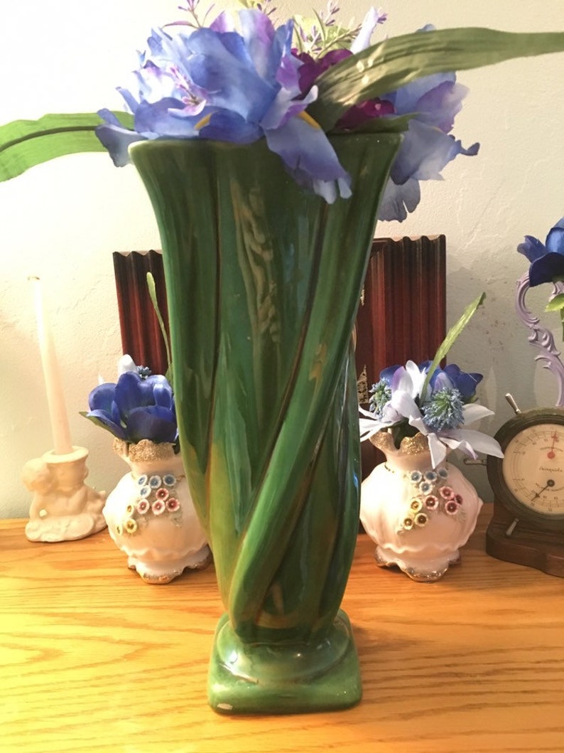 Vintage Large Camark Pottery Green Tall Flower Vase Etsy