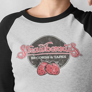 Strawberries Records & Tapes unisex 3/4 sleeve raglan baseball tee