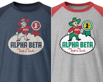 Alpha Beta Grocery Store unisex retro 3/4 sleeve raglan baseball tee - Bygone Brand