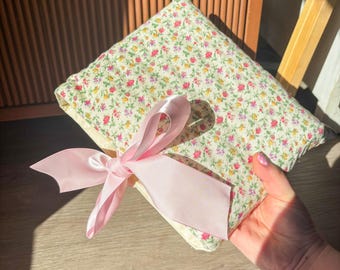 Quilted Ditsy Floral Bible Cover: Cottagecore Cotton Case, Pink Bow Detail