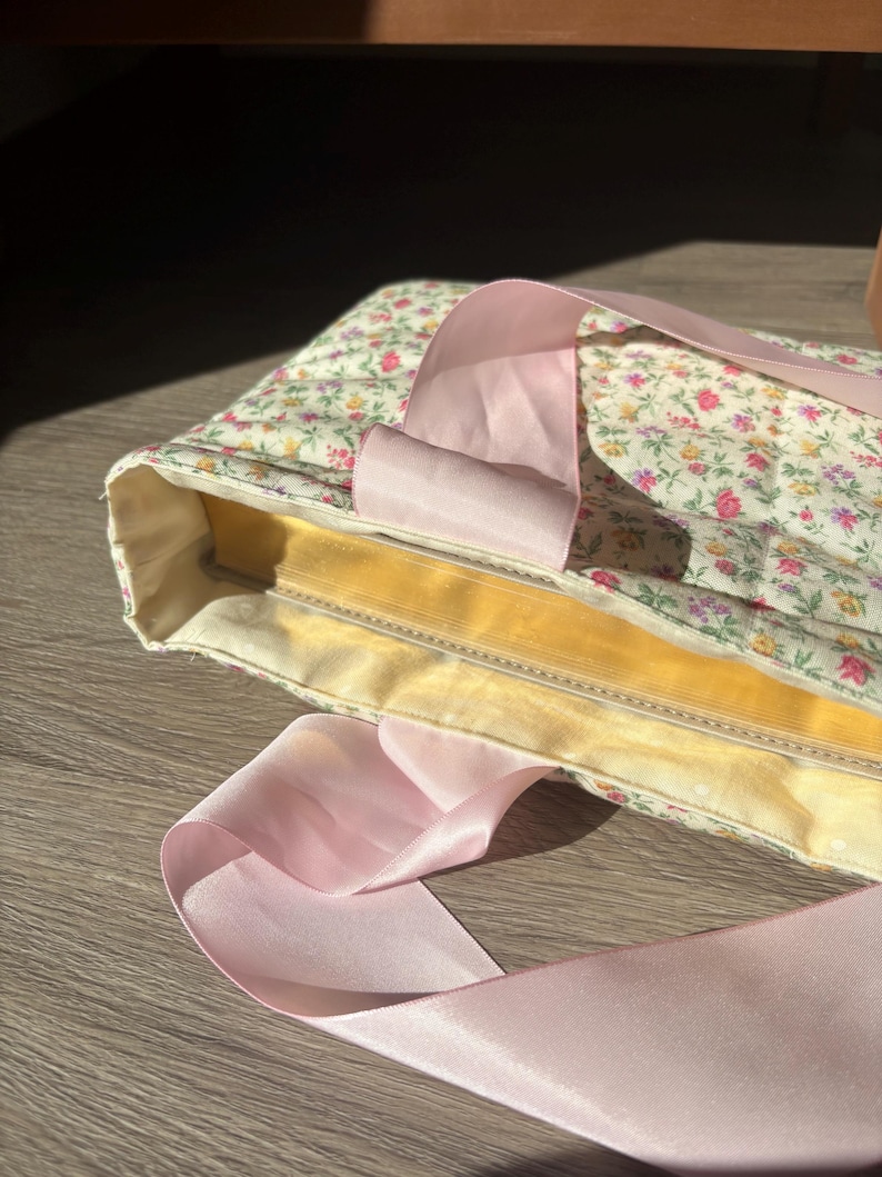 Quilted Ditsy Floral Bible Cover: Cottagecore Cotton Case, Pink Bow Detail image 6