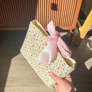 Quilted Ditsy Floral Bible Cover: Cottagecore Cotton Case, Pink Bow Detail image 2