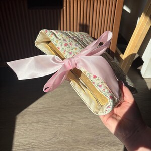 Quilted Ditsy Floral Bible Cover: Cottagecore Cotton Case, Pink Bow Detail image 4