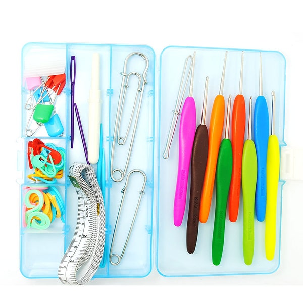 Knitting Hooks, Soft Handle Crochet Hooks Set Case Kit with Crochet Locking Stitch Markers, Needles, Rulers for Beginner