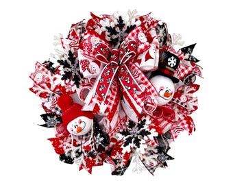 Snowman Wreath,Snowman Decor,Winter Wreath,Front Door Wreath,Black and White Snowman Deco Mesh Wreath,Snowfake Wreath