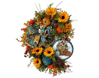 Fall Grapevine Pumpkins Wreath,Sunflower Wreath,Leopard Print Wreath,Pumpkin Decor,Fall Wreath with Pumpkins,Fall Turquoise Door Wreath
