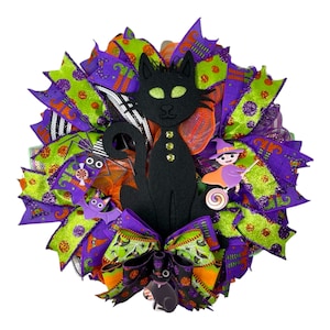 Halloween Wreath,Black Cat Wreath,Halloween Decor,Halloween Mesh Wreath,Black Cat Decor,HalloweenWreath for Front Door
