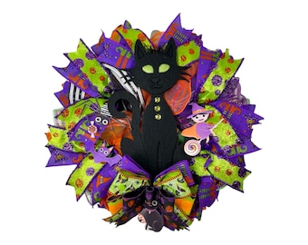 Halloween Wreath,Black Cat Wreath,Halloween Decor,Halloween Mesh Wreath,Black Cat Decor,HalloweenWreath for Front Door