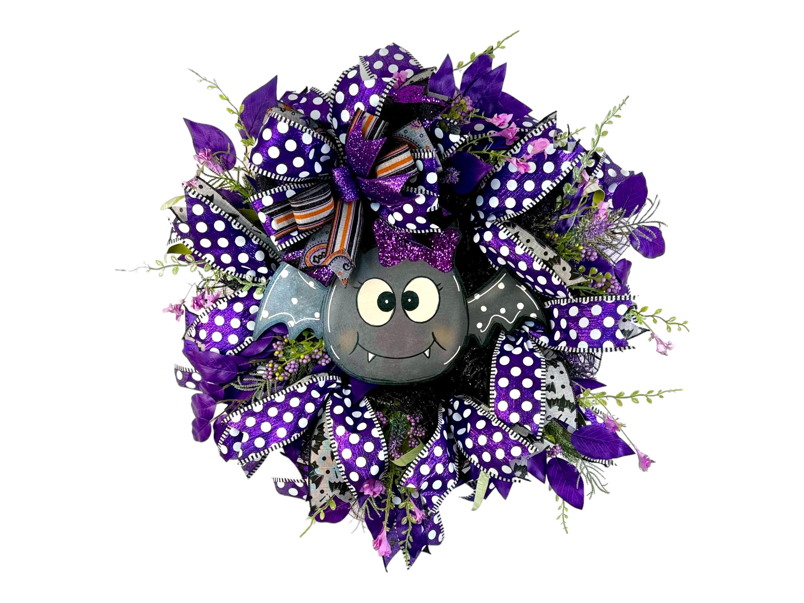 Halloween Bat Wreath,Purple Black Halloween Mesh Wreath,Halloween Bat Decor,Halloween Bat Front Door Decor,Spooky Halloween Decor