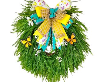 Beaded Grass Spring Grapevine Wreath, Butterfly Wreath,Beaded Fern Summer Wreath,Mother’s Day Gift,Greenery Wreath,Everyday Wreath