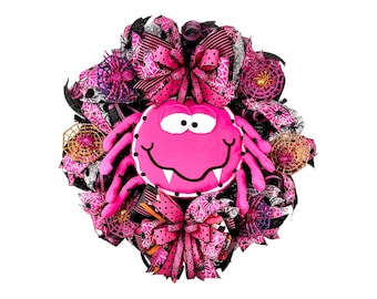 Halloween Hot Pink Spider Deco Mesh Wreath,Pink Halloween Wreath,Black and Pink Wreath,Halloween Spider Decor,Front Door Wreath,Whimsical