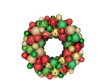 May include: A Christmas wreath decorated with red, green, and gold ornaments. The wreath is made of a green base and is adorned with a variety of shiny ornaments.