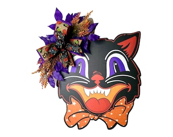 Hallowee Black Cat Door Hanger,Halloween Vintage Wreath,Purple and Orange Decor with Bow,Retro Spooky Halloween Decoration,Halloween Wreath
