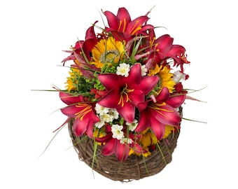 Funeral Wreath Arrangement with Red Lilly’s and Sunflowers on a Grapevine Wreath, Lilly Wreath,Sunflower Wreath,Red Lilly Decor,Fall Wreath