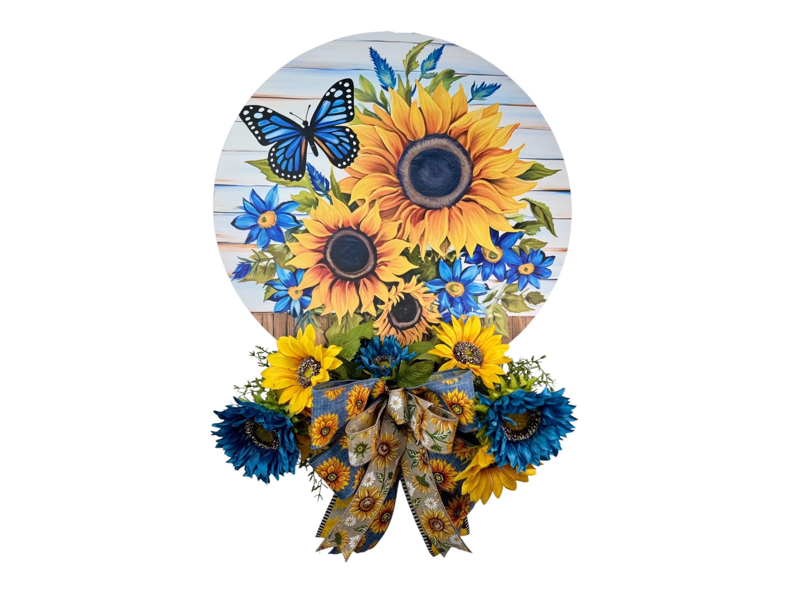 Sunflower Wreath,Blue Yellow Sunflowers Door Hanger,Sunflower Decor,Front Porch Spring and Summer Farmhouse Decor,Floral Wreath,Butterfly