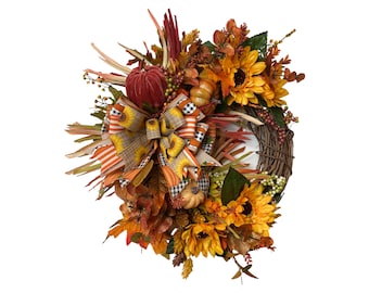 Fall Sunflower Wreath with Pumpkins,Fall Grapevine Wreath,Autumn Decor,Front Door Wreath,Sunflower Wreath,Fall Farmhouse Wreath