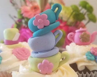 Tea Party Cupcake Toppers, Cake Toppers - set of 8 includes tea pots, stacked tea cups, top hats, and flowers
