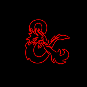 May include: A bright red neon sign featuring the Dungeons & Dragons ampersand logo. The design consists of a stylized dragon head integrated into the ampersand symbol, with flames extending from the dragon's mouth, all set against a black background.