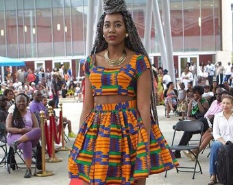 2 pieces with african fabric , kente fabric and dashiki fabric,  crop top with high waist skirt