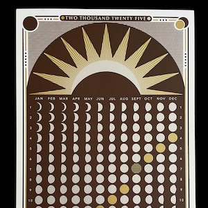 CALENDRIER DES PHASES DE LA LUNE 2025 - marron, or, argent