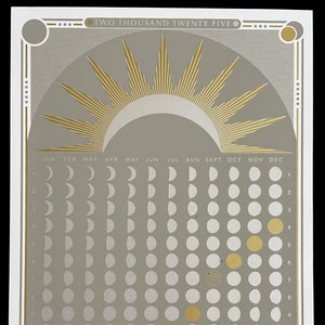CALENDRIER DES PHASES DE LA LUNE 2025 - grès, or, argent