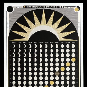 CALENDRIER DES PHASES DE LA LUNE 2025 - noir, or, argent