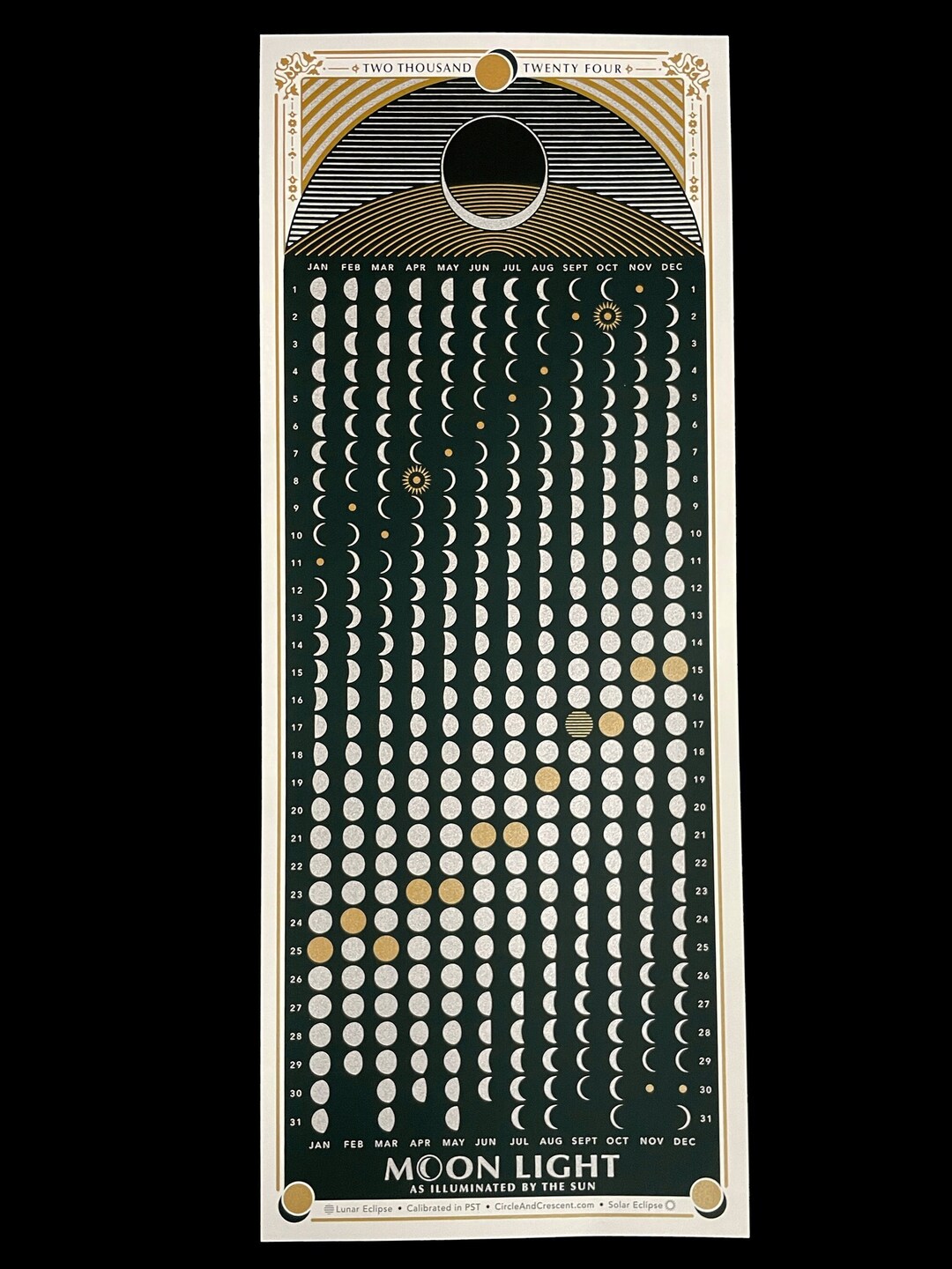 2024 MOON PHASE CALENDAR Dark Green, Gold, Silver Etsy