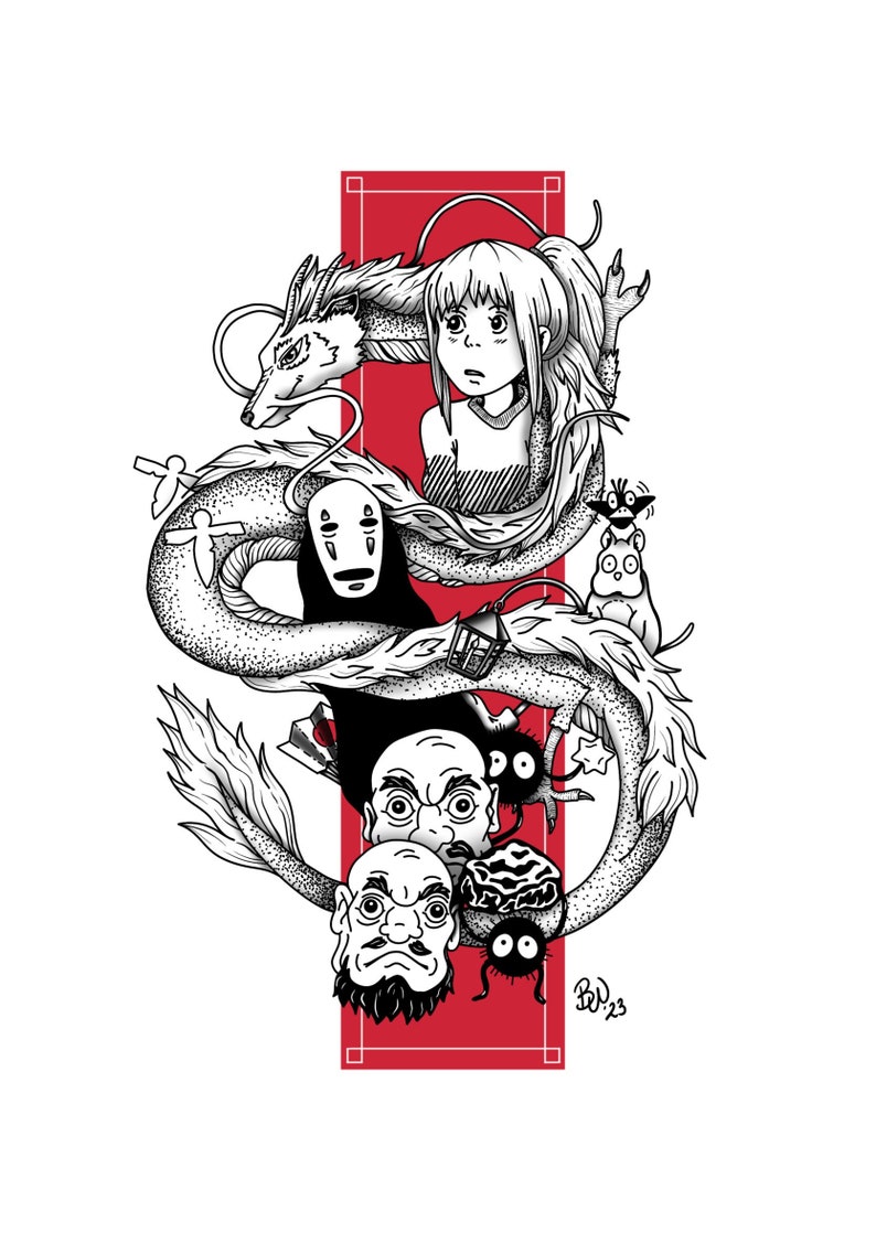 Op de afbeelding: Zwart-wit illustratie met personages uit de animatiefilm Spirited Away. Het kunstwerk toont een draak, een meisje, No-Face en andere iconische personages tegen een rode rechthoekige achtergrond.