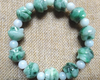 Natural green jade bead bracelet beads beaded bracelet engraved lotus Elastic rope