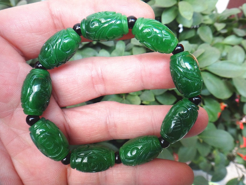 Free shipping oval carved Chinese jade beaded bracelet bead bracelets stylish atmosphere image 2