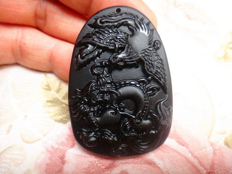 Natural Obsidian Dragon Phoenix pendant mascot