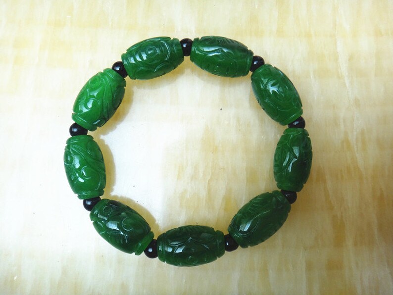Free shipping oval carved Chinese jade beaded bracelet bead bracelets stylish atmosphere image 3