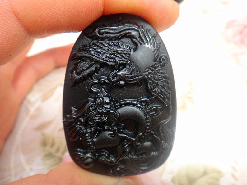 Natural Obsidian Dragon Phoenix pendant mascot